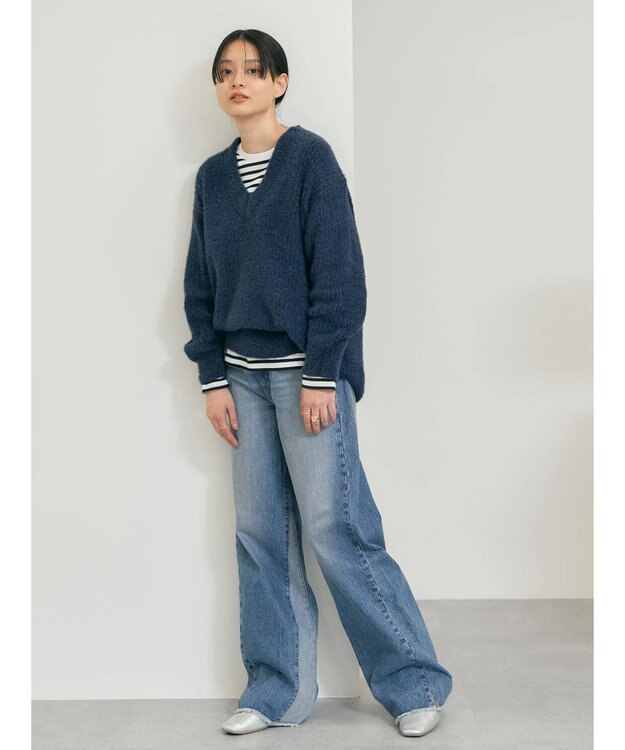 AMERICAN HOLIC モールヤーン片畦Ｖネックニットプルオーバー Navy