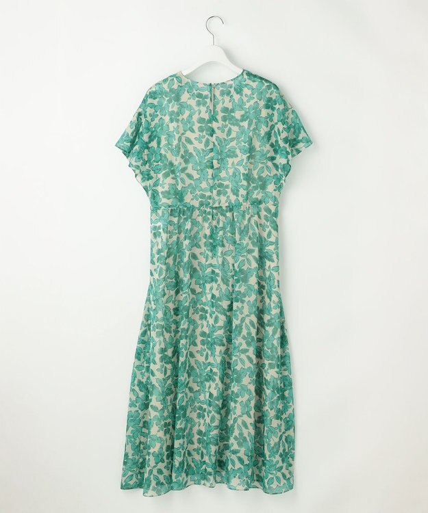 自由区 L ハーバリウムフラワープリントVネック ワンピース ベージュ×エメラルド
