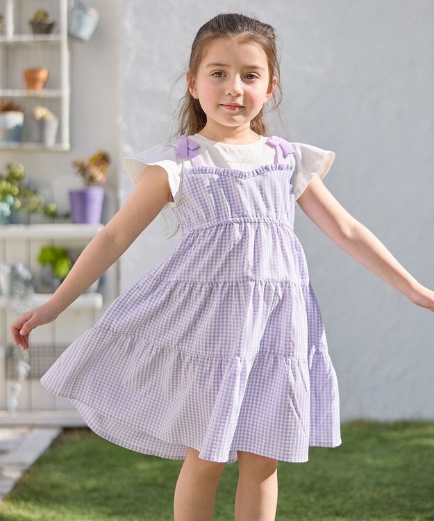 ANY KIDS サッカー ギンガム ワンピース ラべンダー系
