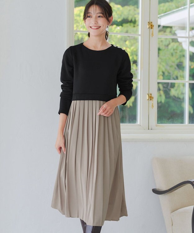 Tiaclasse L 【洗える】裏起毛ドッキングワンピース ブラック×グレージュ