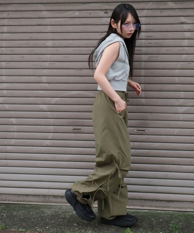 WEGO 【ウエストゴム】サイドリボンパラシュートパンツ オリーブ