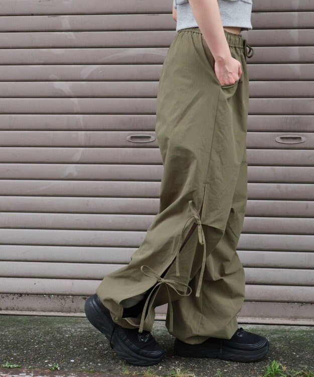WEGO 【ウエストゴム】サイドリボンパラシュートパンツ オリーブ