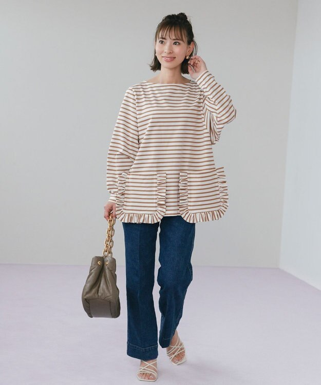 #Newans 【ANSWER for 神戸エレガンス】フリルポケットロングTシャツ ベージュボーダー系