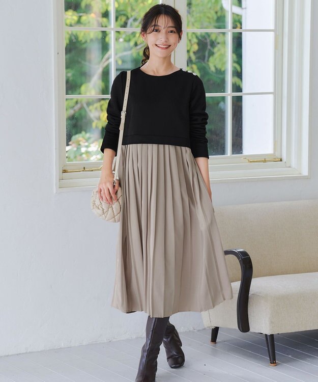 Tiaclasse L 【洗える】裏起毛ドッキングワンピース ブラック×グレージュ