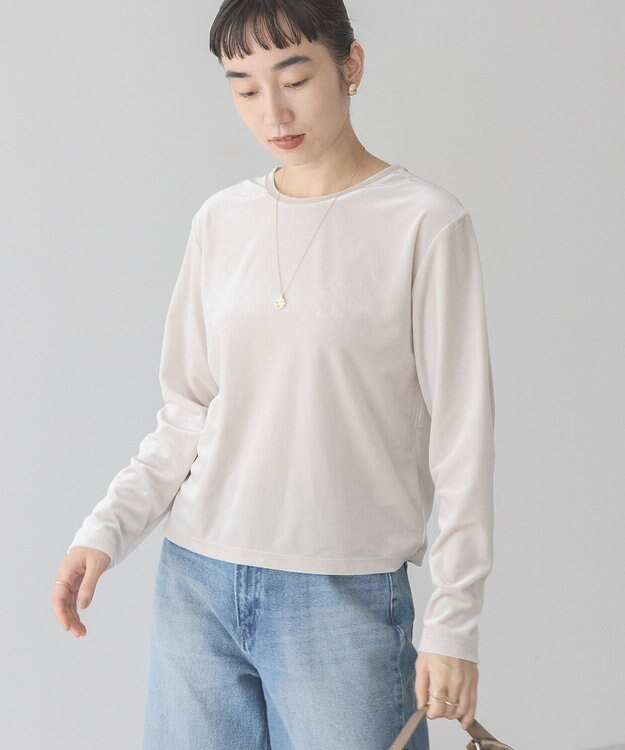 AMERICAN HOLIC ベロアクルーネックカットプルオーバー Gray Beige