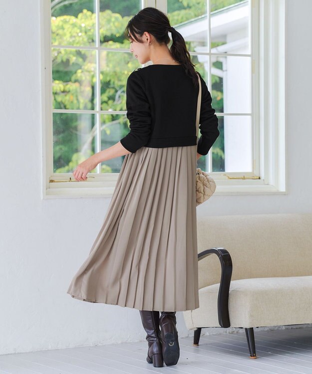 Tiaclasse L 【洗える】裏起毛ドッキングワンピース ブラック×グレージュ