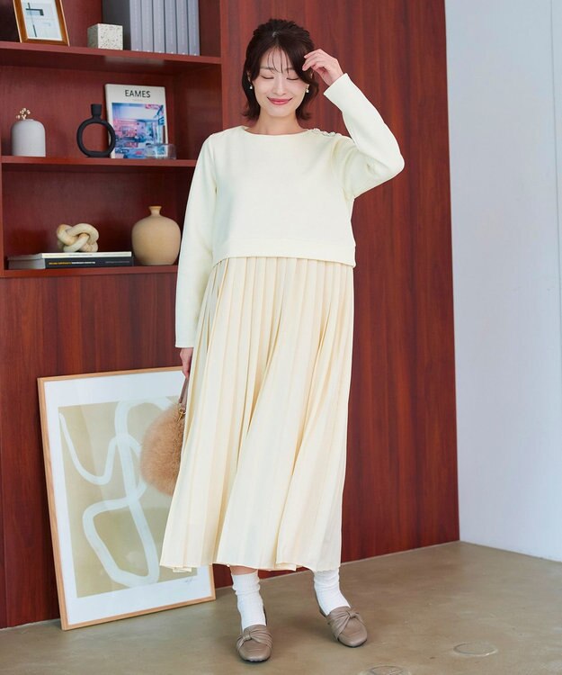 Tiaclasse 【洗える】裏起毛ドッキングワンピース アイボリー