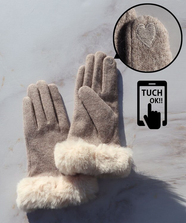 Tiaclasse 【スマホタッチ可】ファー付きスエードグローブ ベージュ