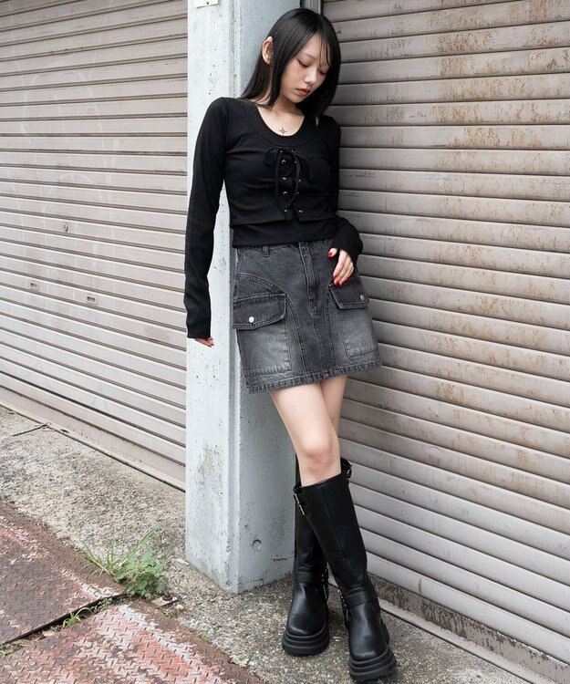 WEGO レイヤード風レースアップトップス ブラック