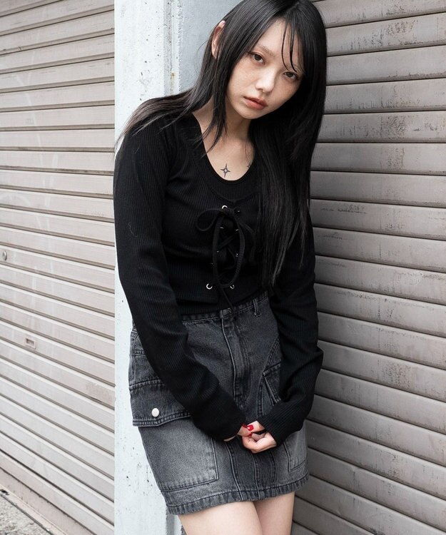 WEGO レイヤード風レースアップトップス ブラック