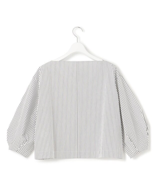 23区 L 【一部店舗限定/洗える】ハイカウントウェザーストレッチ ボートネック コンパクト ブラウス ホワイト×ブラックストライプ