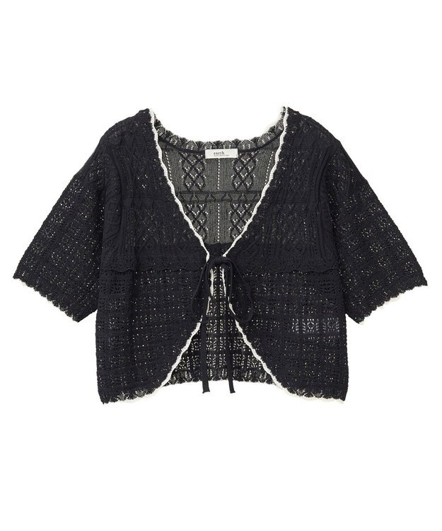 earth music&ecology ミニスカラップ透かし編みニットカーディガン Black