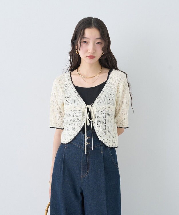 earth music&ecology ミニスカラップ透かし編みニットカーディガン Ivory