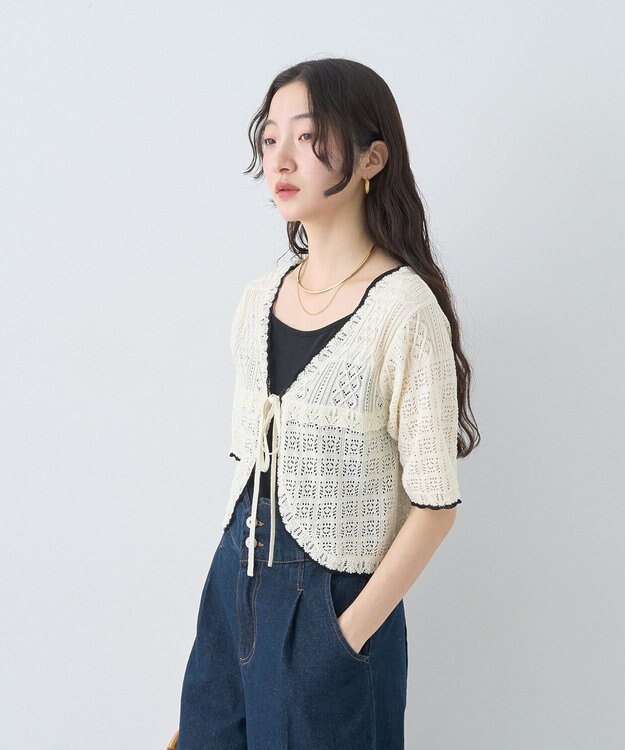 earth music&ecology ミニスカラップ透かし編みニットカーディガン Ivory