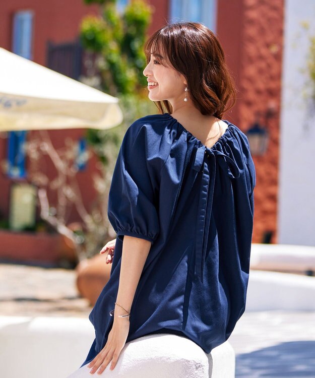 Tiaclasse 【洗える】後ろリボンバルーンスリーブワンピース ネイビー