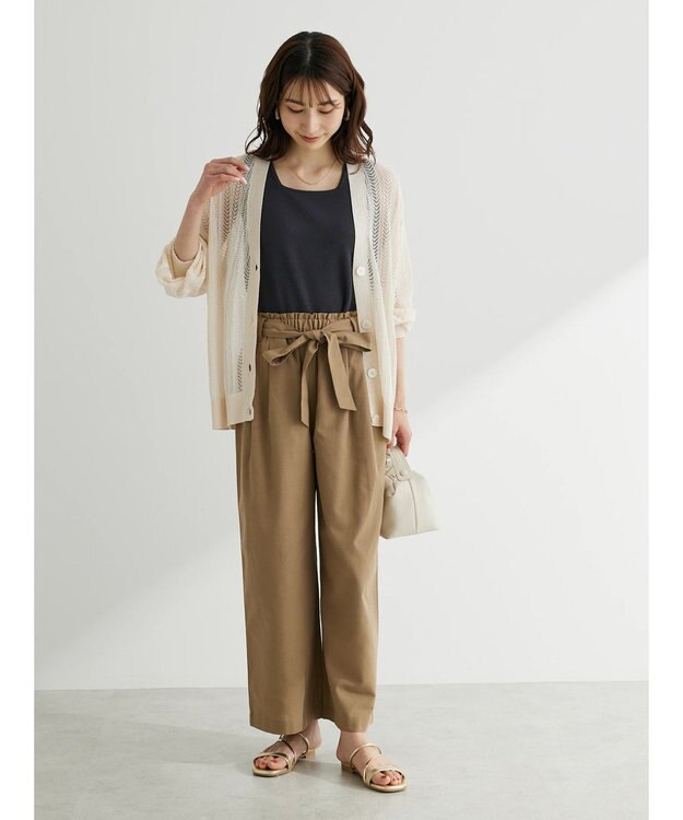 Green Parks 綿麻混リボン付ワイドパンツ Dark Beige