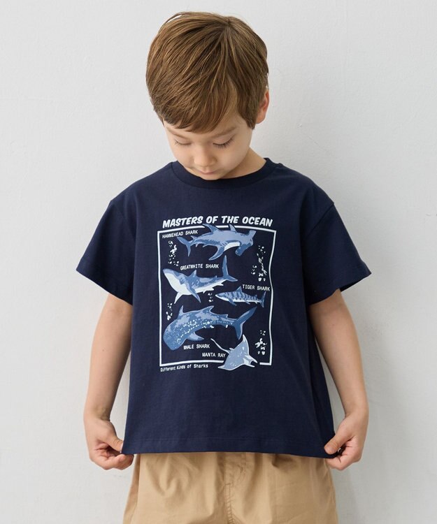 ANY KIDS 【洗濯機可能】サメプリント 半袖Tシャツ ネイビー