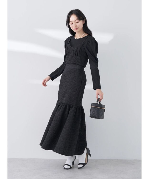 earth music&ecology エンボスフラワー　切替ボリュームスカート Black