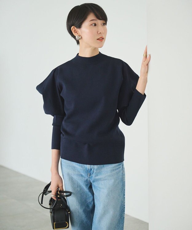 #Newans 【洗える】スクエアショルダーポイントニット ネイビー