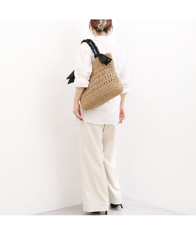UNBILLION カシュカシュ cachecache / 下がりリボン柄編みトート カゴバッグ ブラック