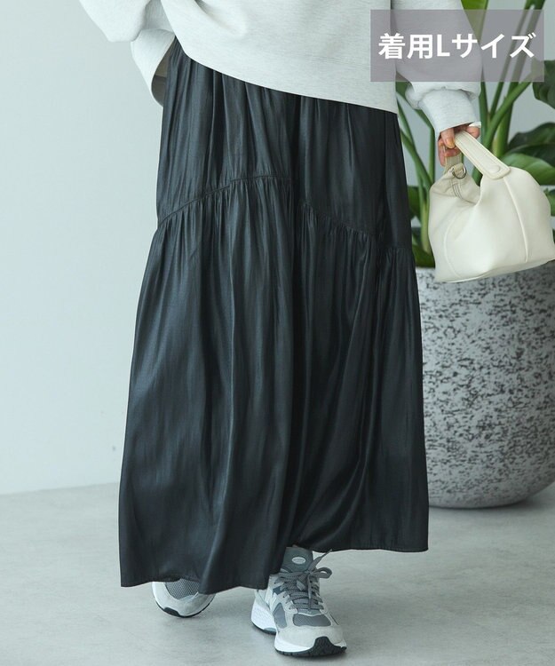 AMERICAN HOLIC 【選べる丈】チンツ加工ティアードスカート Black