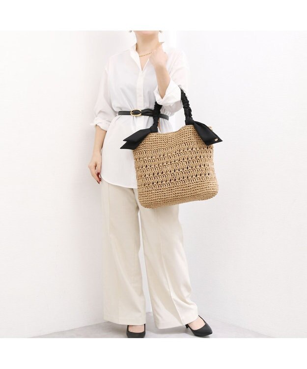 UNBILLION カシュカシュ cachecache / 下がりリボン柄編みトート カゴバッグ ブラック