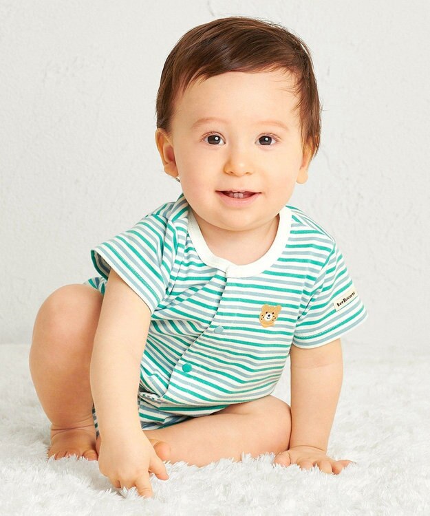 MIKI HOUSE HOT BISCUITS 【70-80cm】 みじんボーダー ワンポイント刺繍 ショートオール グリーン