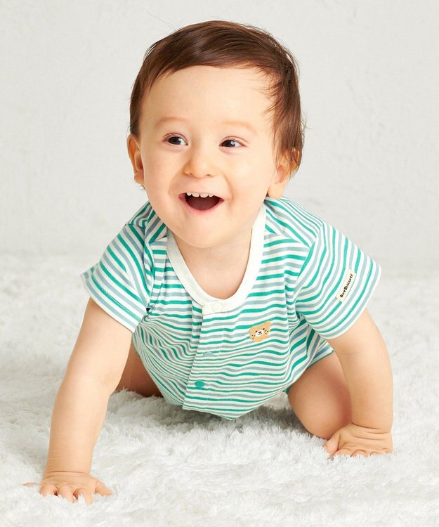 MIKI HOUSE HOT BISCUITS 【70-80cm】 みじんボーダー ワンポイント刺繍 ショートオール グリーン