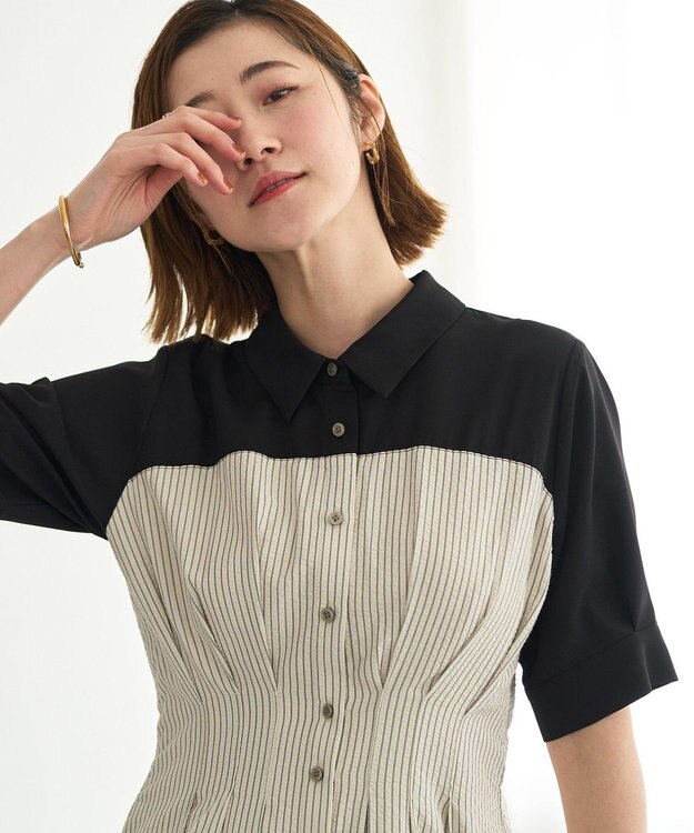 YECCA VECCA ハーフスリーブベアドッキングワンピース Stripe