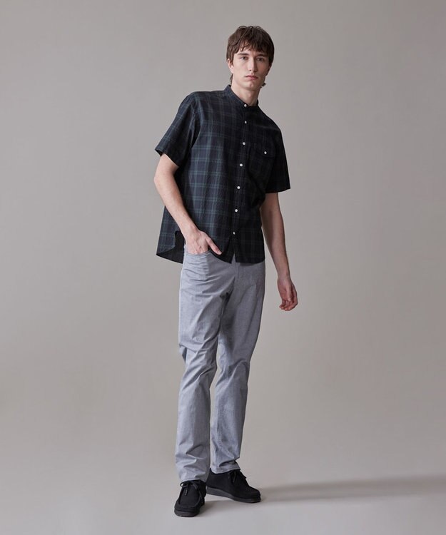 J.PRESS MEN 真夏を乗り切る爽快感と機能性【吸水速乾 / 接触冷感 / 高通気性 / ウォッシャブル】サッカーチェック シャツ / バンドカラー ネイビー系3