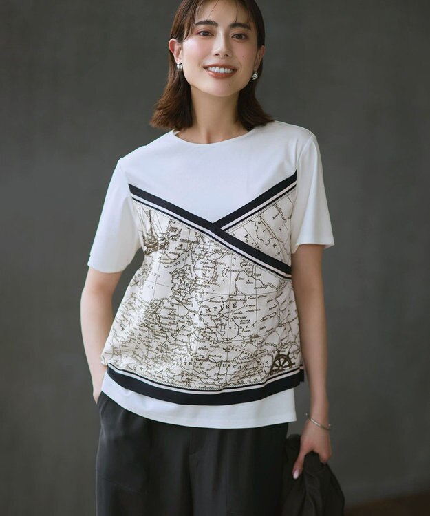 23区 スカーフコンビジャージー カットソー オフ×ネイビー