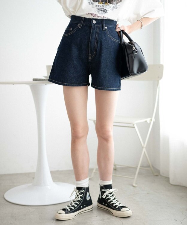 WEGO デニム台形ショートパンツ デニム濃色