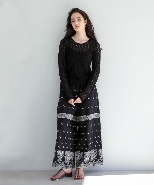 Green Parks ■ＥＳＣＡＲ　バイカラー刺繍ワイドイージーパン Black