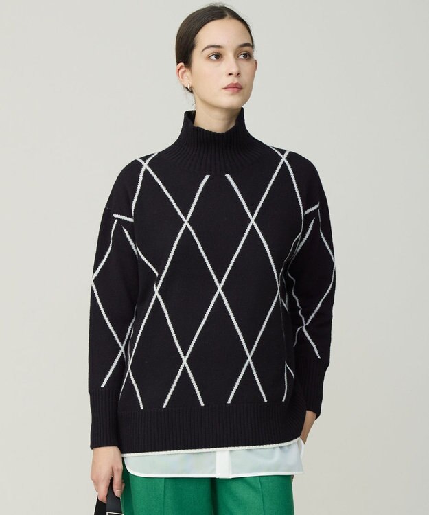 ICB L 【先行予約・洗える】ソフトカシミヤミックス ダイヤ柄ハイネックニット ブラック×オフホワイト系