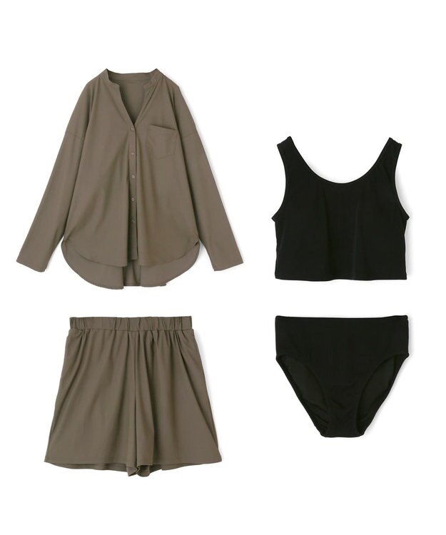 San-ai Resort（三愛水着楽園） ★新色ブラック×ライトグレー入荷【UPF50＋】シャツ・ショートパンツ付き４点セット　9M・11L　【San-ai Resort（サンアイリゾート）】 カーキ×ブラック