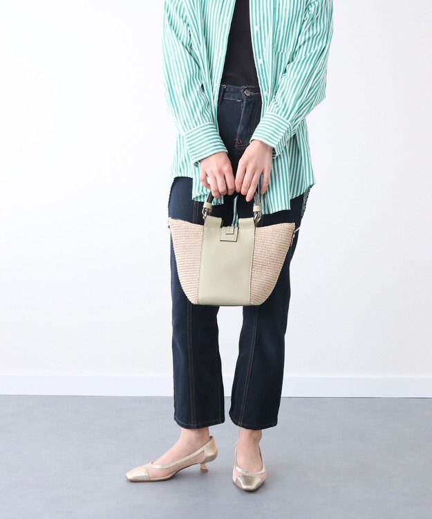 INTER-CHAUSSURES 【LORISTELLA】ラフィアコンビレザーハンドバッグ グリーンコンビ