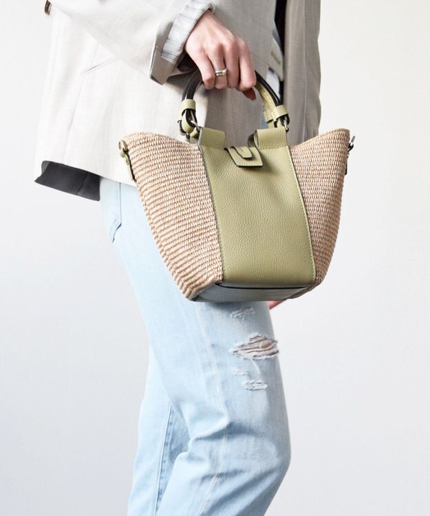 INTER-CHAUSSURES 【LORISTELLA】ラフィアコンビレザーハンドバッグ グリーンコンビ