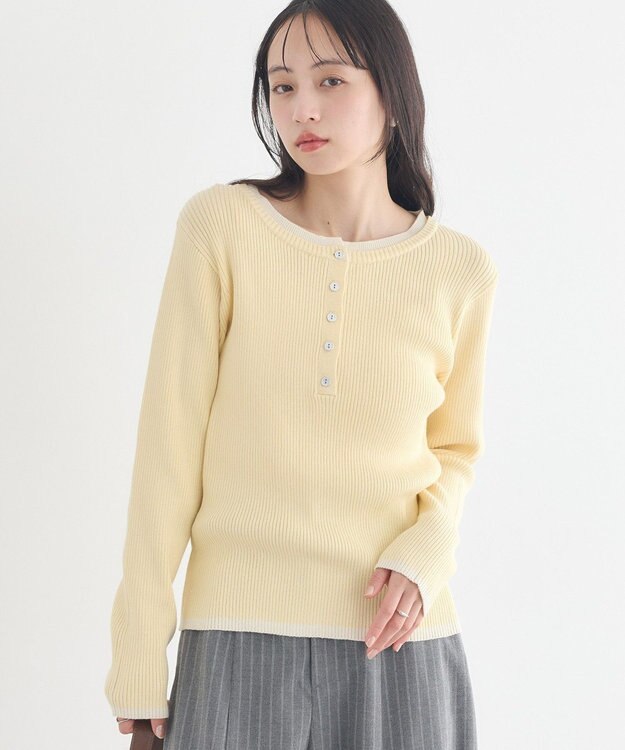 earth music&ecology バイカラーヘンリーネックニットプルオーバー Light Yellow