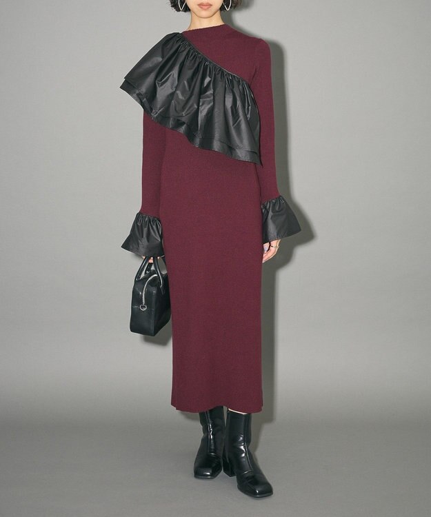 Green Parks フリルベルト付ニットワンピース Bordeaux