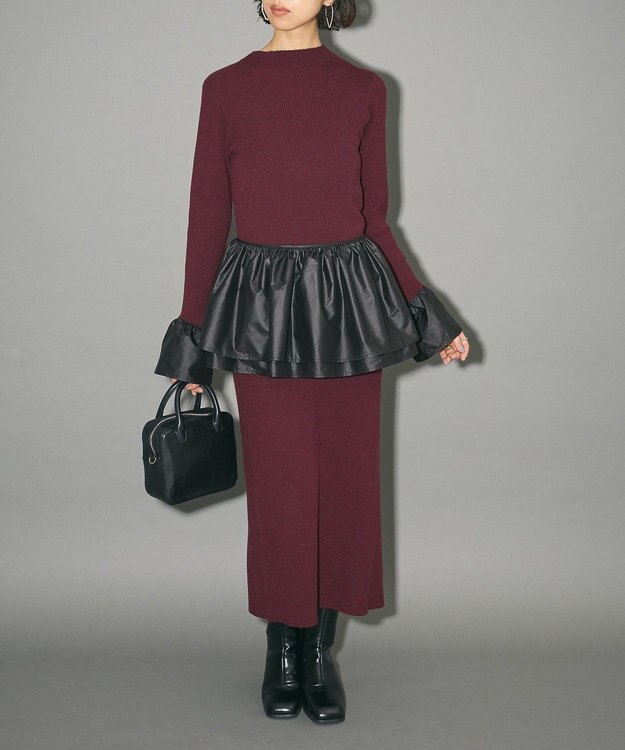 Green Parks フリルベルト付ニットワンピース Bordeaux