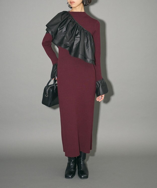 Green Parks フリルベルト付ニットワンピース Bordeaux