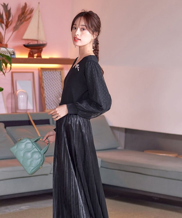 Tiaclasse L 【洗える】ドットチュールコンビニットトップス ブラック