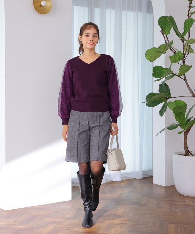 Tiaclasse L 【洗える】ドットチュールコンビニットトップス ワイン