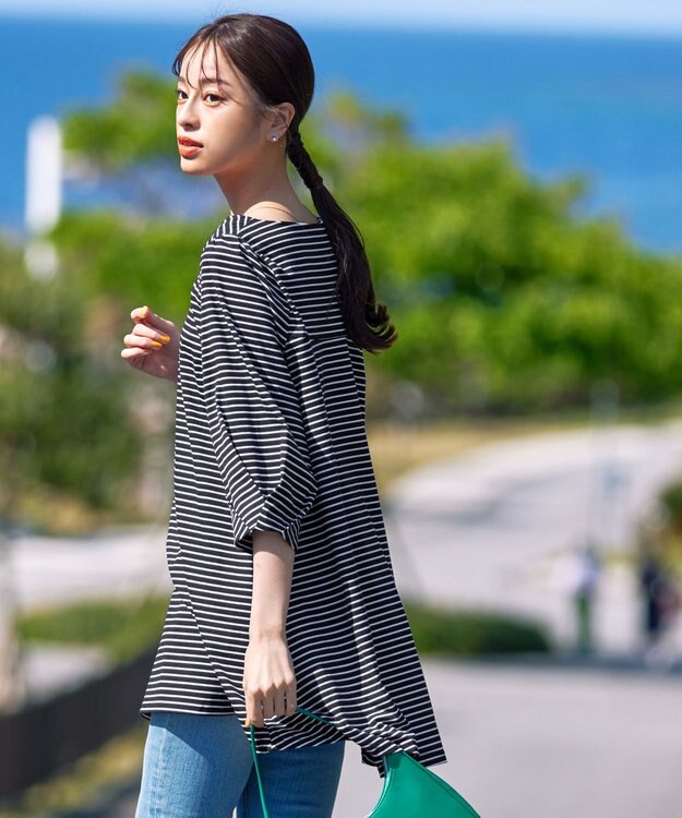 Tiaclasse 【洗える】大人可愛いバックフレアカットチュニック ブラック×オフ