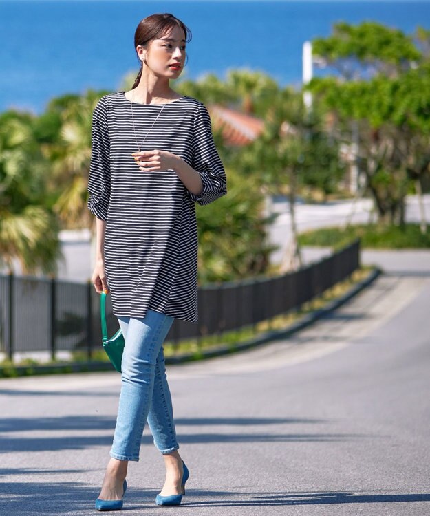 Tiaclasse L 【洗える】大人可愛いバックフレアカットチュニック ブラック×オフ