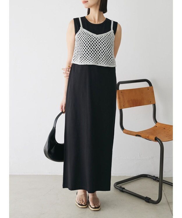 Green Parks ニットビスチェ付きカットソーワンピース Black