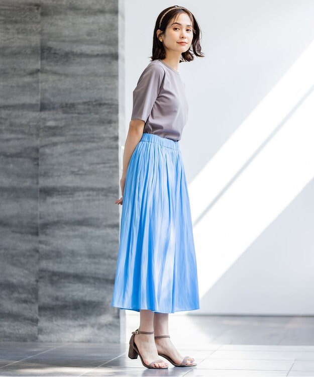 組曲 【新色追加・ウエスト調整可】ギャザーライトデシン パンツ サックスブルー系