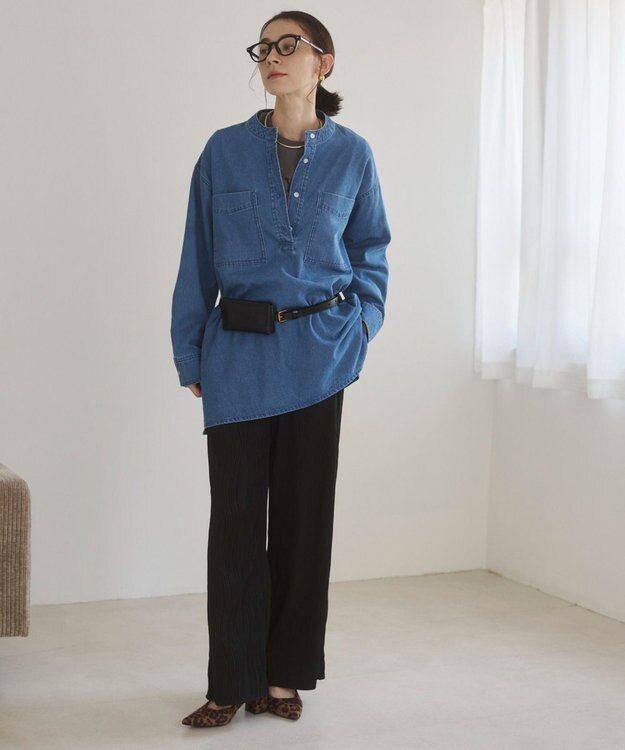 WEGO 【ANGIE VINTAGE】襟が選べる デニム チュニック シャツ （バンドカラー/レギュラーカラー） ブルー