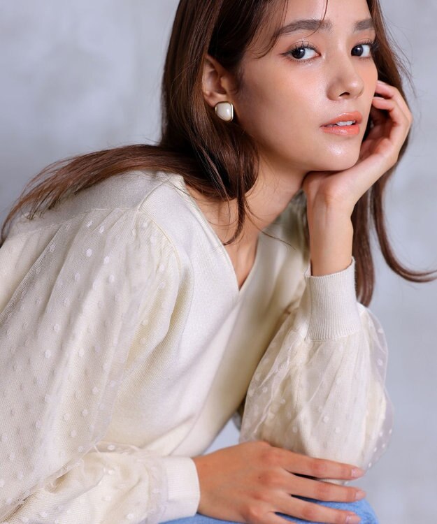 Tiaclasse L 【洗える】ドットチュールコンビニットトップス オフホワイト