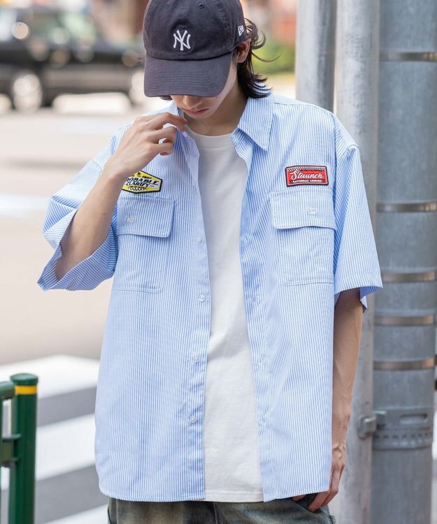 WEGO 【ユニセックス着用ITEM/MLサイズ展開】オックスフォードワッペンシャツ（SS） ブルーストライプ